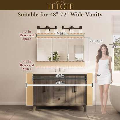 TETOTE 48 x 26 Medicine Cabinet with Tempered Beveled MirrorWhiteMedicine Cabinet Mirror Aluminum Cabinet DTC Hinges, Stepless Adjustable Shelves, Recessed/Surface-Mounted