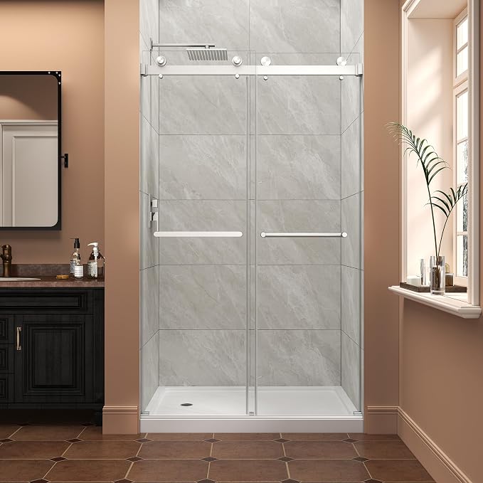 43"-48" W x 76" H Frameless Shower Door,Sliding Shower Door with 5/16"(8MM) SGCC Clear Tempered Glass,Reversible Installation,Nano Explosion-Proof Film,Waterproof Strip,for Bathroom,Brushed Nickel