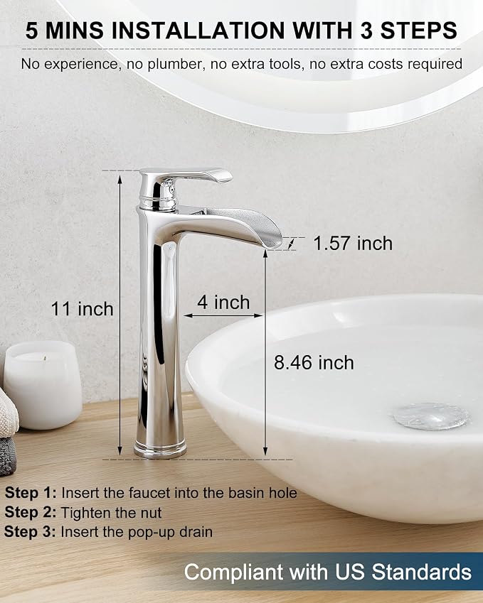 Bathroom Waterfall Faucet, Brass Tall Chrome Bathroom Faucet One Handle, Vessel Sink Faucet 1 Hole, Faucet for Bathroom Sink with Pop-Up Drain & Supply Hoses for Vanity Lavatory RV Farmhouse