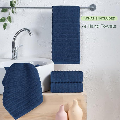 Elegant Comfort Luxury 100% Turkish Cotton Corduroy Ribbed 4 Pack Hand Towel Set 16 x 28 Inch - Absorbent, Super Soft, Quick Dry, Premium Towels for Bathroom, Gym, Spa and Hotel Use, Navy
