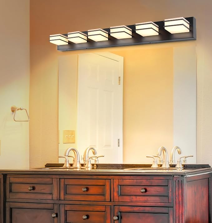 GOODATE 3 Color Temperature Dimmable Vanity Lights for Bathroom, Black 6 Light Vanity Light Fixtures, Acrylic Stainless Steel Square Shade Light Fixtures for Bathroom Above Mirror, ETL Certificated