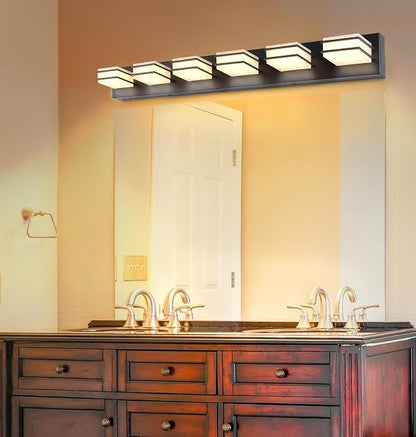GOODATE 3 Color Temperature Dimmable Vanity Lights for Bathroom, Black 6 Light Vanity Light Fixtures, Acrylic Stainless Steel Square Shade Light Fixtures for Bathroom Above Mirror, ETL Certificated