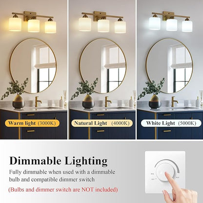 Milk Glass Vanity Lights for Bathroom, 3 Light Brass Bathroom Light Fixtures Over Mirror, Ceramic E26 Sockets Wall Mounted