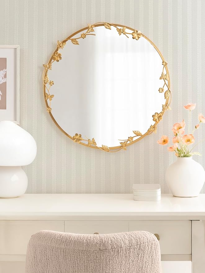 Kate and Laurel Rosella Modern Ornate Round Wall Mirror, 26 Inch Diameter, Gold, Circle Mirror with Floral Detailing for Use as Bathroom Mirror for Over Sink or Cute Dorm Room Decor