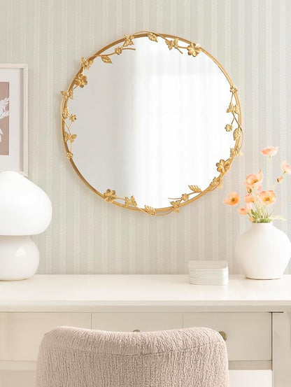 Kate and Laurel Rosella Modern Ornate Round Wall Mirror, 26 Inch Diameter, Gold, Circle Mirror with Floral Detailing for Use as Bathroom Mirror for Over Sink or Cute Dorm Room Decor