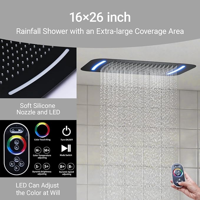 16X26 inch Rainfall Shower System Matte Black Shower Faucet Set | Temperature Display Shower Faucet with 6 Body Jet, 8 inch Wall Mounted Shower Head and Handheld Set