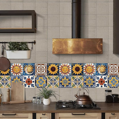 Adhesive Moroccan wall Tile Stickers 6x6in Stick on backsplash Tiles,12Pcs | high end removable&waterproof sticker tiles for kitchen RV bathroom laundry backsplash decor,Ultra-HD sun moon pattern