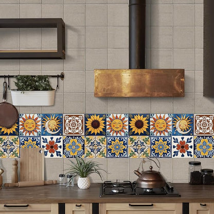6X6 in Tile Decals Stick on Backsplash for Kitchen Wall,24Pcs | 1.6mm-Thick FOAM+PE Tile Stickers,Sun/Moon Pattern Mexican Tiles for Bathroom,Cabinets,RVs