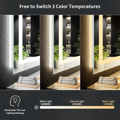 24"x40" LED Bathroom Mirror with Lights, Anti-Fog, Backlit+Frontlit | CRI 95, Stepless Dimmable, 3 Colors Lighting, Shatterproof Tempered Glass, HD Reflection, Memory, (Horizontal/Vertical)