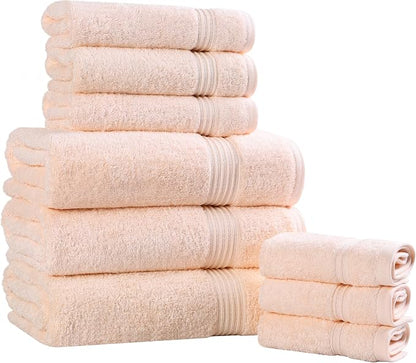 SUPERIOR Egyptian Cotton 9-Piece Towel Set, Assorted Towels for Home Bathroom, Guest Bath Decor Essentials, Includes 3 Bath, 3 Hand, 3 Face Towels/Washcloths, Quick Dry, Absorbent - Peach