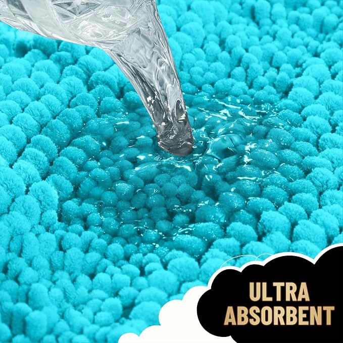 OLANLY Thick Bathroom Rugs 30x20, Soft Chenille Striped Bath Rugs, Aqua Sky | Rubber Backing, Machine Wash, Extra Absorbent Bath Mats for Bathroom Floor, Tub and Shower, Home Decor Accessories