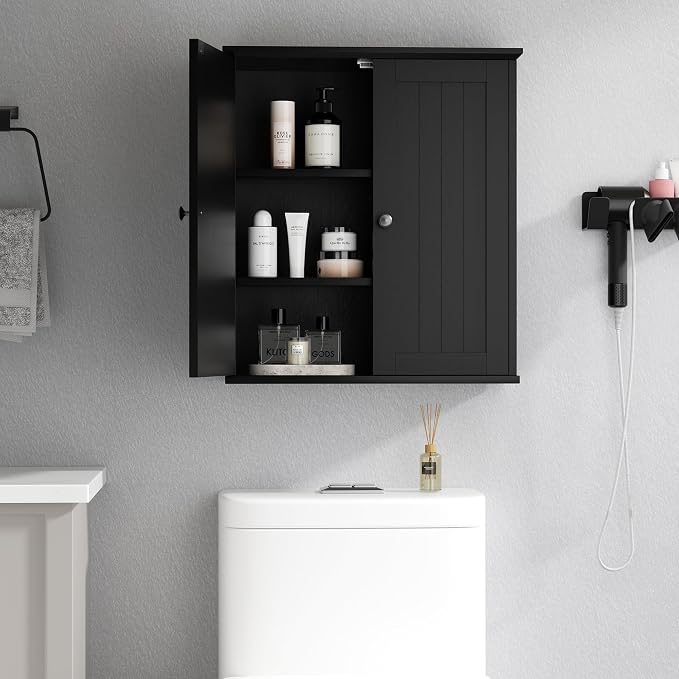 Shintenchi Bathroom Wall Medicine Cabinet, Over The Toilet Storage, Black | Bathroom Storage Organizer Cupboard, with 2 Magnet Door and 3-Tier Shelves, Space Saving, Easy to Assemble & Clean