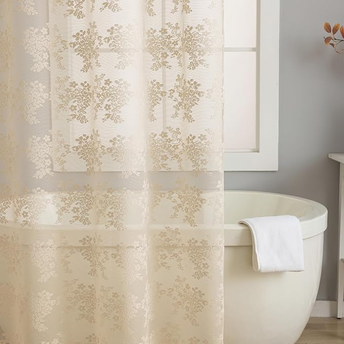 TUDECO Extra Long Beige Lace Shower Curtain with Valance, 72 x84 Inch | Antique Vintage, Floral Pattern, Tall Bathroom Curtain, Scalloped Edges, Light Filtering, Soft Privacy, Reinforced Holes