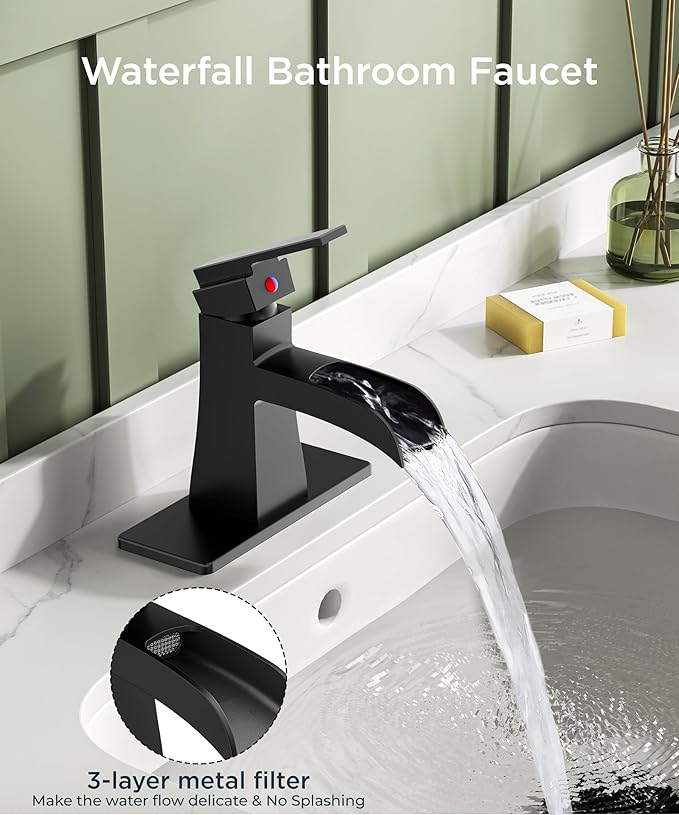 FORIOUS Matte Black Bathroom Faucet Waterfall, Bathroom Faucets for 1 or 3 Holes Sink with Single Handle for Commercial, Vanity, Lavatory, Restroom, Farmhouse