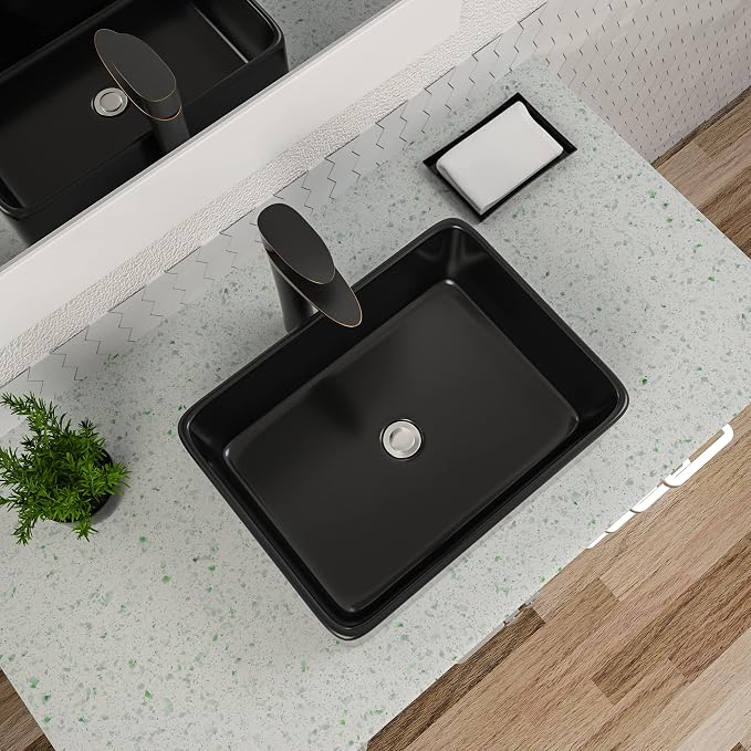 Black Vessel Sink Rectangle, Dcolora 19"x15" Matte Black Bathroom Vessel Sink Rectangular Above Counter Ceramic Porcelain Lavatory Vanity Sink Bowl Basin