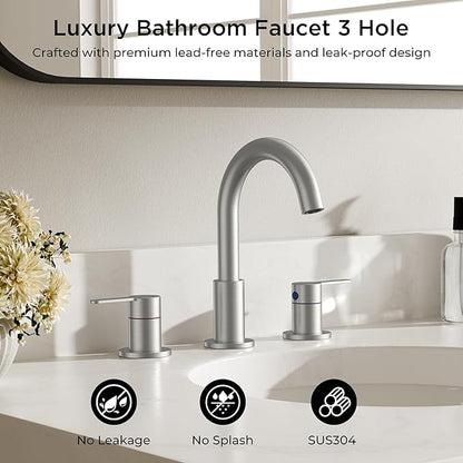 QFN Bathroom Faucets 3 Hole Brushed Nickel, 8 Inch Widespread Vanity Sink Faucet with Aerator, 2 Handle 360° Swivel High Arc Spout, Spot-Free Finish, cUPC NSF Certified and CEC & DOE Compliant