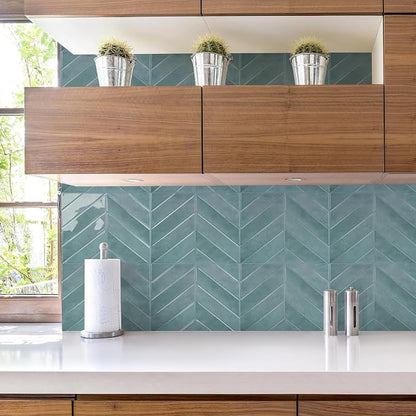 STICKGOO Herringbone Peel and Stick Backsplash, Blue Teal, 10 Sheets | 12.6 x 9.7 in, Thicker Rectangular Vinyl Stick-On Wall Tiles, Easy Alignment, Waterproof, Easy to Clean, Kitchen/Bathroom