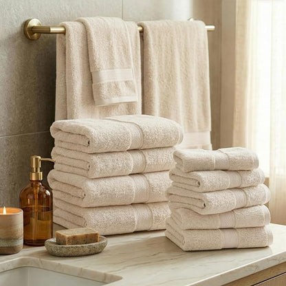 SUPERIOR Egyptian Cotton Ultra Plush & Absorbent, 12 Piece Set, Cream | Heavyweight 12 Pc Egyptian Cotton Towel Set Includes 4 Bath Towels 4 Hand Towels 4 Washcloths Decorative Rope Border
