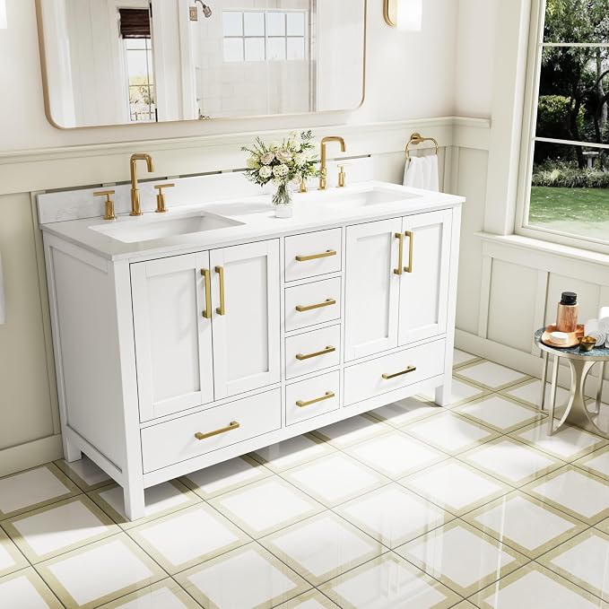 60-Inch Bathroom Vanity with Sink, 4 Soft-Close Doors and 6 Soft-Close Drawers, Bathroom Freestanding Vanity with Cultured Marble Countertop, White Vanity W/Gold Handles