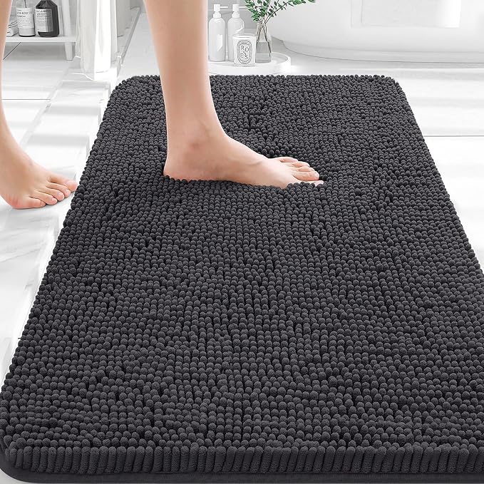 OLANLY Small Bathroom Rugs 30x18, Extra Soft Absorbent Chenille Bath Rugs | Dark Grey, Quick-Drying Rubber Backing, Machine Washable Bath Mat for Bathroom Floor, Tub and Shower, Home Decor Accessories