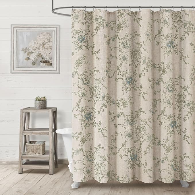 Farmhouse Floral Linen Shower Curtain, Vintage Blue and Brown Pattern Rustic Shower Curtains for Bathroom,72x72