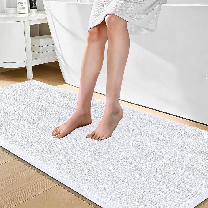 OLANLY Thick Bathroom Runner Rugs 70x24, Chenille Long Bath Rugs, White | Soft Absorbent Striped, Rubber Backing, Machine Wash, Bath Mats for Bathroom Floor, Tub and Shower, Home Decor Accessories