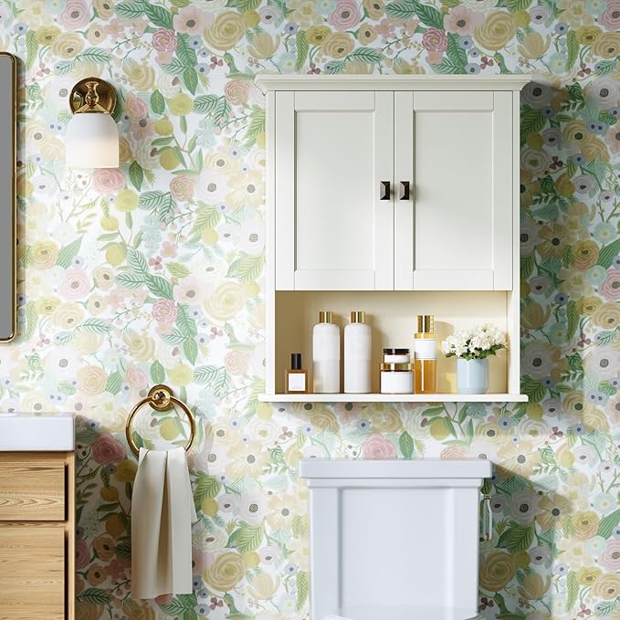 Bathroom Wall Cabinet, Medicine Cabinet Over The Toilet Storage Cabinet Wall Mounted with Build-in Spirit Level Cupboard Hanging Cabinet for Bathroom Laundry Kitchen Living Room, Cream White