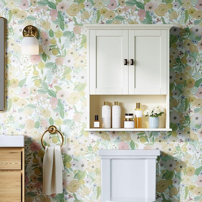 Bathroom Wall Cabinet, Medicine Cabinet Over The Toilet Storage Cabinet Wall Mounted with Build-in Spirit Level Cupboard Hanging Cabinet for Bathroom Laundry Kitchen Living Room, Cream White