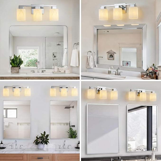 3-Light Square Bathroom Light Fixture, Chrome Modern Vanity Light with White Marble Glass Shade, for Bathroom Mirror, Living Room, Bedroom, Hallway, E26 Base