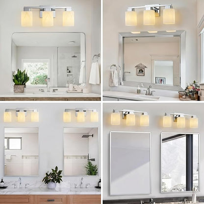 3-Light Square Bathroom Light Fixture, Chrome Modern Vanity Light with White Marble Glass Shade, for Bathroom Mirror, Living Room, Bedroom, Hallway, E26 Base