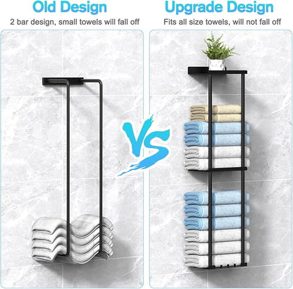Liuoud Towel Rack for Bathroom, Wall Mounted Vertical Rolled Towel Storage Organizer Holder with Shelf, Holds Up 6 Large Bath Sheets, Black