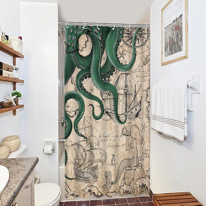 Fungarth Stall Vintage Green Nautical Octopus Shower Curtain Mermaid Funny Ocean Kraken Shower Curtains for Bathroom Cool Anchor Coastal Map Waterproof Fabric Bath Curtain Decor (Retro2, 36” x 72”)
