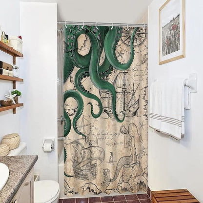 Fungarth Stall Vintage Green Nautical Octopus Shower Curtain Mermaid Funny Ocean Kraken Shower Curtains for Bathroom Cool Anchor Coastal Map Waterproof Fabric Bath Curtain Decor (Retro2, 36” x 72”)