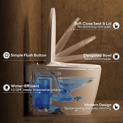 Elongated One Piece Toilet with 17.2" Comfort Height Seat, Gold | Modern Toilet for Bathroom, 1.0GPF Button & Foot Kick Flush, Air Pressure Assisted Flush, Compact Toilet, 12'' Rough-in