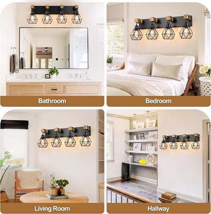 maesta 4 Light Bathroom Vanity Light, Farmhouse Black Fixture Over Mirror | Farmhouse Bathroom Light Fixtures, Wood & Metal, Anti-Rust Easy to Install for Rustic Bathroom Hallway