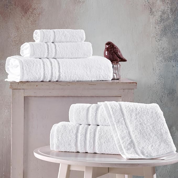 Hawmam Linen White 6 Piece Bath Towels Set for Bathroom Original Turkish Cotton Soft, Absorbent and Premium 2 Bath Towels, 2 Hand Towels, 2 Washcloths