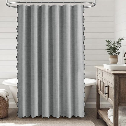 BTTN 72x78 Shower Curtain, Long Scalloped Boho Linen Textured Thick Cloth Shower Curtain Set with 12 Hooks, Tall Neutral Modern Fancy Waterproof Washable Fabric Shower Curtains for Bathroom, Gray/Gray