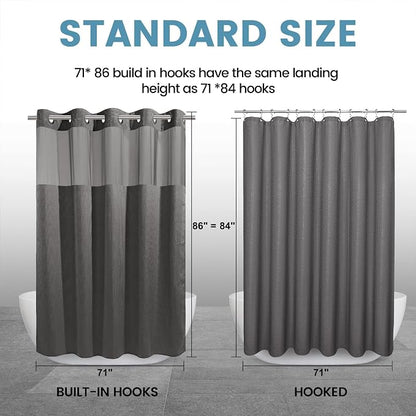 EUTXL Heavyweight Charcoal Grey Long No Hook Shower Curtain with Snap in Liner,256GSM Waffle Weave Shower Curtains for Bathroom,71W x 86H