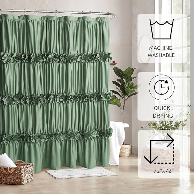 Homechoice Decor Light Green Ruffle Shower Curtain 72" W x 72" H | Vintage Handcrafted Bow Tie Bath Curtain for Master Bathroom, Ruched Microfiber Bathroom Curtain with 12 Buttonholes (LQ-10)