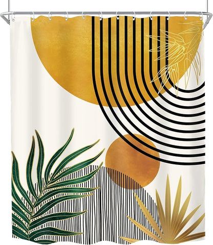 Mid Century Boho Abstract Modern Sun Minimalist Bathroom Shower Curtain Set | 60Wx72L Arch Curve design, waterproof HD print with fast-drying fabric and 12 hooks.