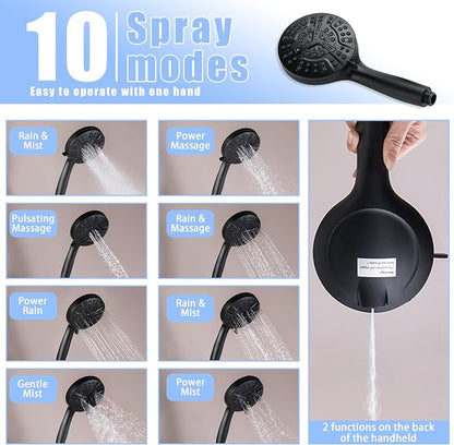 2 Handle Shower Faucet Wall Mounted Two Handles Shower Faucet Set with 8 Modes Rainfall Shower Head and 10 Modes Handheld 2 Knobs Shower Trim Kit with Rough-in Valve, Matte Black