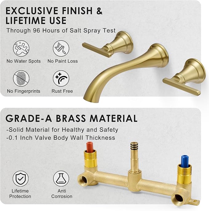 Wall Mount Tub Faucet, High Flow Solid Brass Brushed Gold Bathtub Faucet, 2 Handles Tub Filler with 8" Spout Reach, Rough-in Valve Included