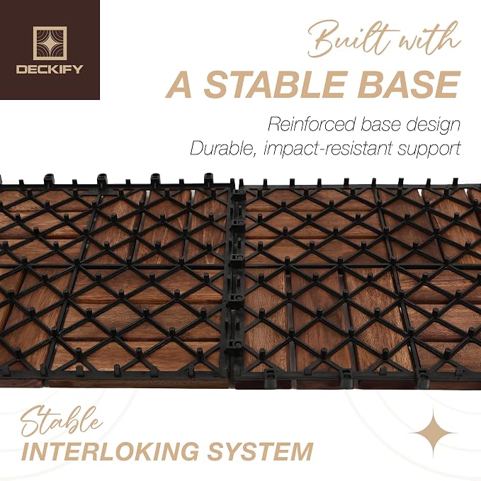 Acacia Wood Interlocking Deck Tiles Outdoor Flooring for Patio, Balcony | Raised Drainage Base, 12x12 In, Trimmable, Oil-Rubbed Finish, No Tools or Sealant Required, Weather-Resistant, Washable