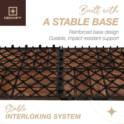 Acacia Wood Interlocking Deck Tiles Outdoor Flooring for Patio, Balcony | Raised Drainage Base, 12x12 In, Trimmable, Oil-Rubbed Finish, No Tools or Sealant Required, Weather-Resistant, Washable
