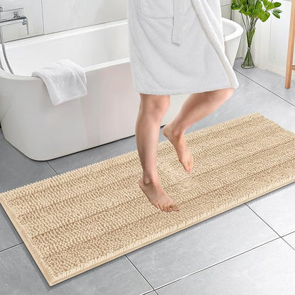 OLANLY Thick Bathroom Runner Rugs 59x20, Chenille Long Bath Rugs, Beige | Soft Absorbent Striped, Rubber Backing, Machine Wash, Bath Mats for Bathroom Floor, Tub and Shower, Home Decor Accessories