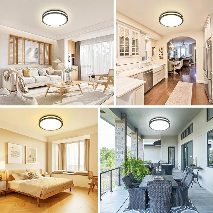 Collage of a modern living room, kitchen, bedroom, and patio area with ceiling lights.
