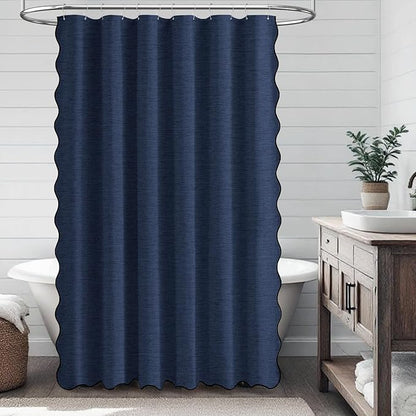 BTTN Extra Long Shower Curtain - 96 Inch Long Cute Scalloped Linen Textured Thick Fabric Shower Curtain Set with 12 Hooks, Large Elegant Aesthetic Waterproof Shower Curtains for Bathroom, Navy Blue