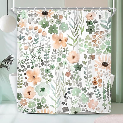 Green Gray Floral Colorful Cute Wildflower Boho Bathroom Shower Curtain Set | 72"W x 72"H Watercolor Funky; waterproof HD print, quick-dry fabric with 12 hooks for easy hanging.