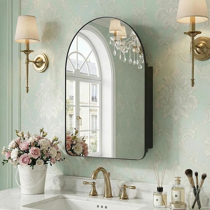 Casaphoria 24" H x 16" W Arched Wall Medicine Cabinets Mirrors, Bathroom Medicine Cabinet with Mirror, Metal Frame Wall Mirror Cabinet, Black G