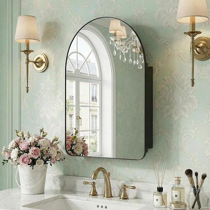 Casaphoria 24" H x 16" W Arched Wall Medicine Cabinets Mirrors, Bathroom Medicine Cabinet with Mirror, Metal Frame Wall Mirror Cabinet, Black G